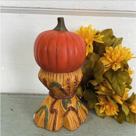Vintage Halloween Jack O’Lantern Haystack Scarecrow Ceramic Light Cover REPAIRED - Picture 4 of 8